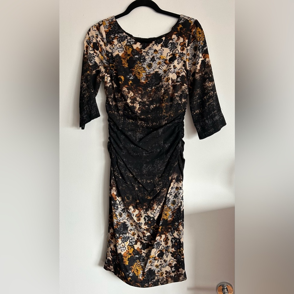 Tracy Reese | Black Floral Ruched Long Sleeve Dress with Gold Accents